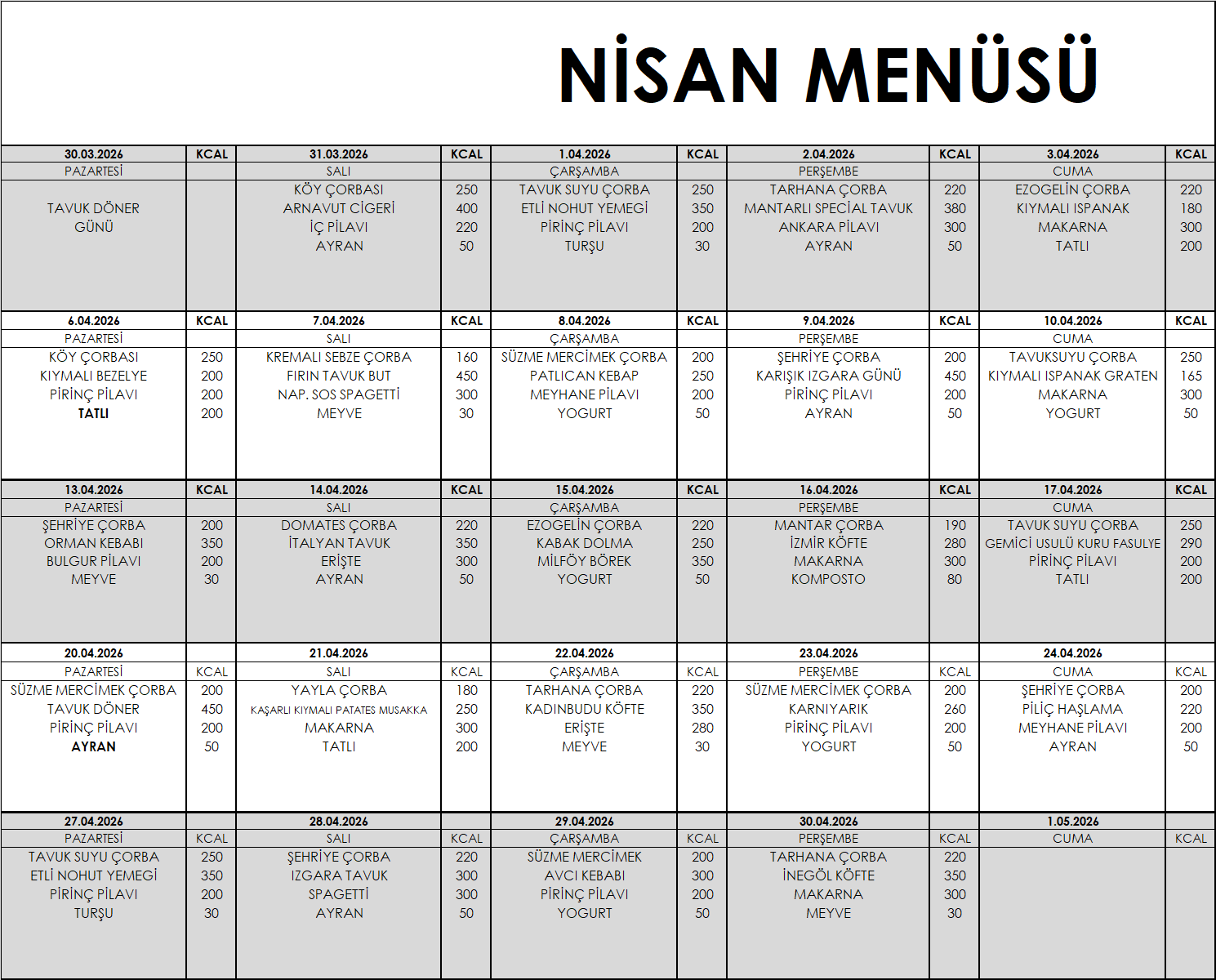  NİSAN MENÜSÜ